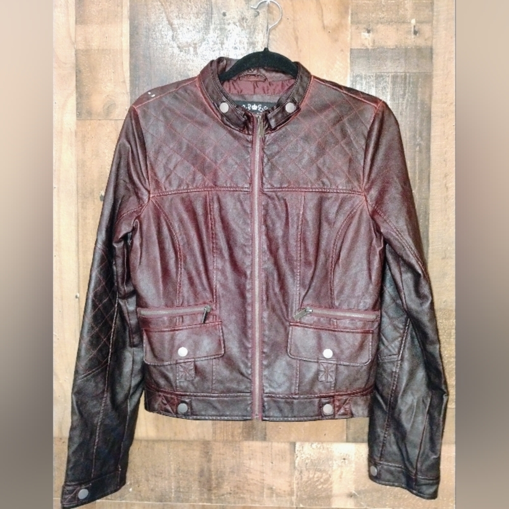 Blanc Noir Dark Red Faux Leather Moto Jacket Women's Size Medium